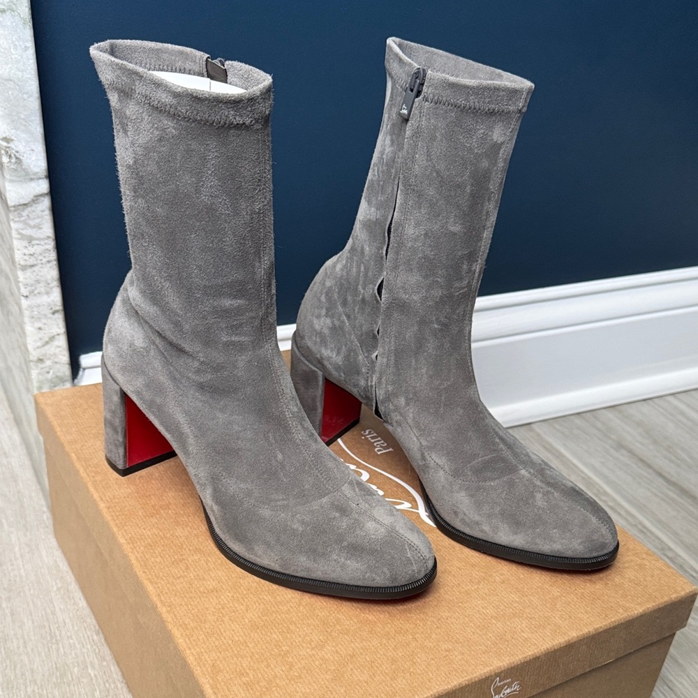 Christian Louboutin Gray Suede Mid-Calf Block Heel Boots